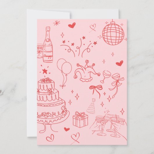 ピンクと赤のフェミニン誕生日パーティーへの招待 招待状 (裏面)