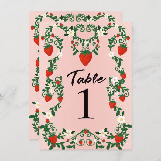 ピンクと赤のフローラつる植物イチゴのテーブル番号 招待状 (正面/裏面)