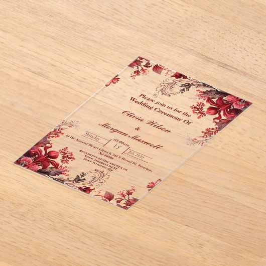 ピンクと赤のフローラアクリル結婚式招待状 アクリル招待状 (レイダウン)