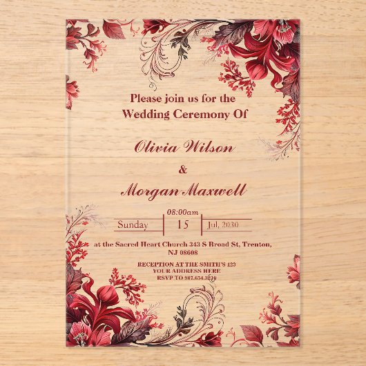 ピンクと赤のフローラアクリル結婚式招待状 アクリル招待状 (正面)