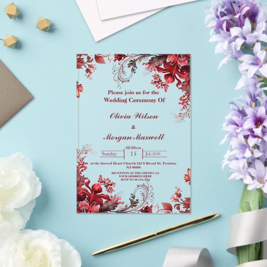 ピンクと赤のフローラアクリル結婚式招待状 アクリル招待状 (インサイチュ (ウェディング))