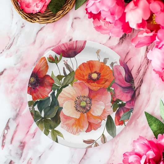 ピンクと赤のフローラパーティーテーブル ペーパープレート