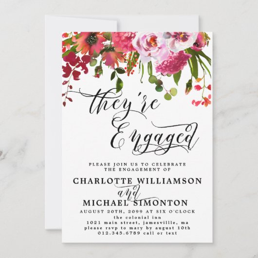 ピンクと赤のフローラ婚約発表 招待状 (正面)