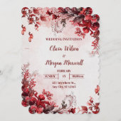 ピンクと赤のフローラ結婚式招待状 招待状 (正面/裏面)