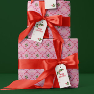 ピンクと赤のホタテのタイルのクリスマススプリッグ ラッピングペーパー