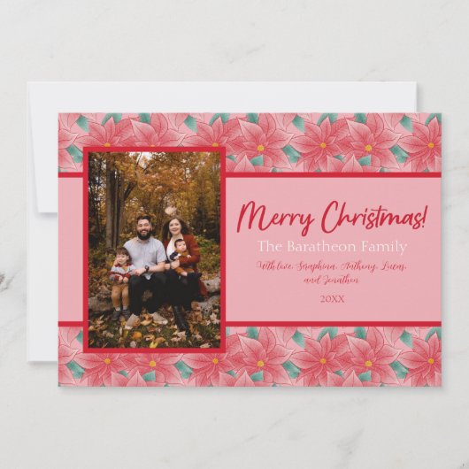 ピンクと赤のポインセチアパーソナライズされた写真家族 シーズンカード (正面)