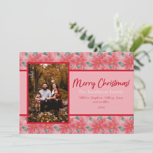 ピンクと赤のポインセチアパーソナライズされた写真家族 シーズンカード (スタンド正面)