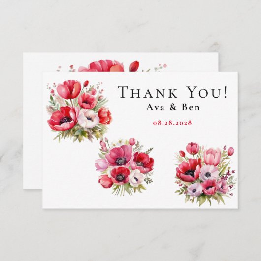 ピンクと赤のポピーとチューリップの感謝カード サンキューカード (正面/裏面)
