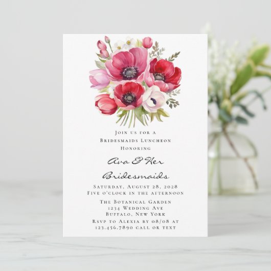 ピンクと赤のポピーのチューリップブリデスメイド昼食会 招待状 (スタンド正面)