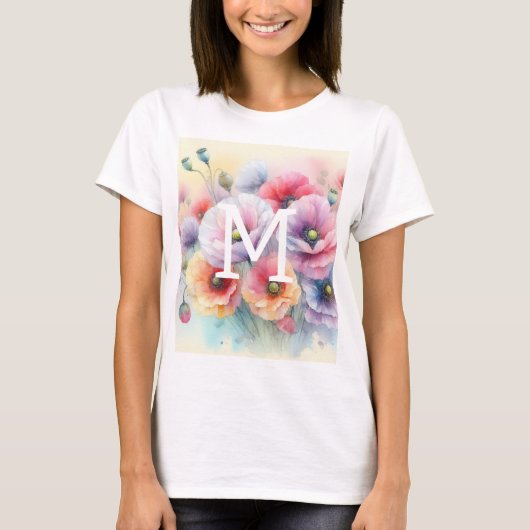 ピンクと赤のポピー花の花柄水彩モノグラム Tシャツ (正面)