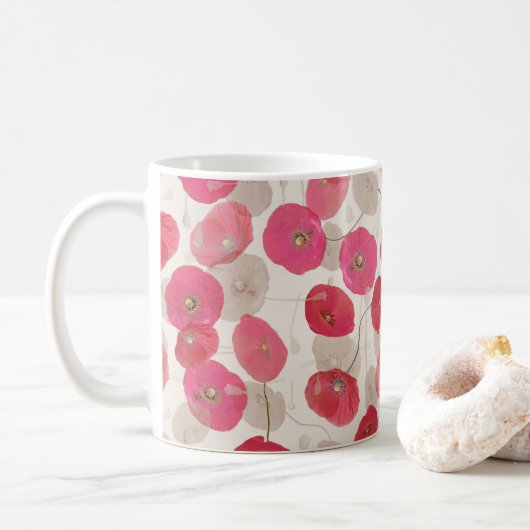ピンクと赤のポピー花柄 コーヒーマグカップ (ドーナツ)