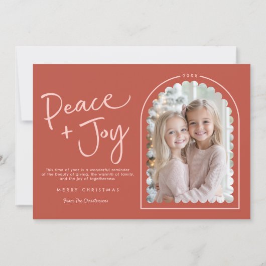 ピンクと赤のモダンなアーチの平和と喜びの写真クリスマス シーズンカード (正面)