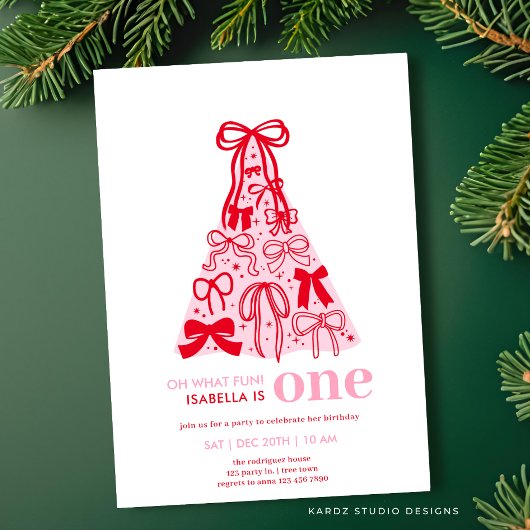 ピンクと赤のリボンツリーの女の子1歳の誕生日 招待状