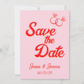 ピンクと赤のレズビアンの結婚式の日付を保存 招待状 (正面)