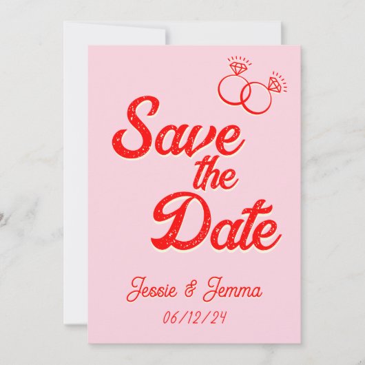 ピンクと赤のレズビアンの結婚式の日付を保存 招待状 (正面)