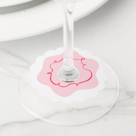 ピンクと赤のレトロなウェーブ 手描きの結婚前お祝いパーティー ワイングラスタグ