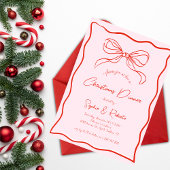 ピンクと赤のレトロなリボン フランス風クリスマスディナー 招待状
