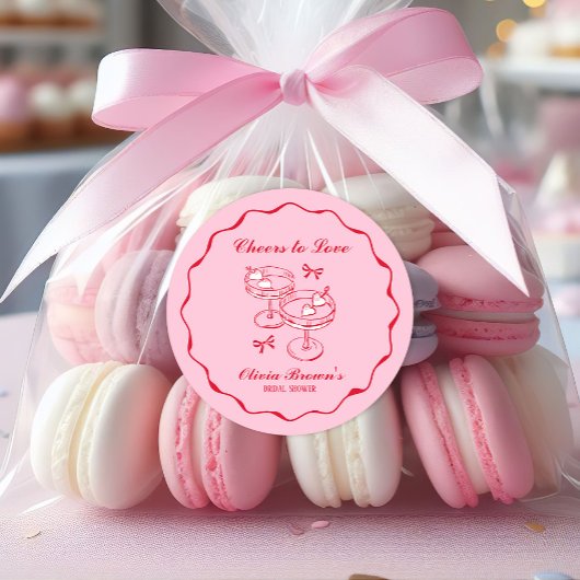 ピンクと赤のレトロな手描きのブライズシャワー ラウンドシール