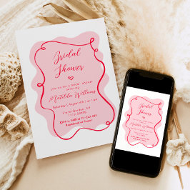 ピンクと赤のレトロな波状フレームブライダルシャワー 招待状