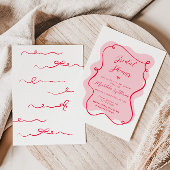 ピンクと赤のレトロな波状フレームブライダルシャワー 招待状