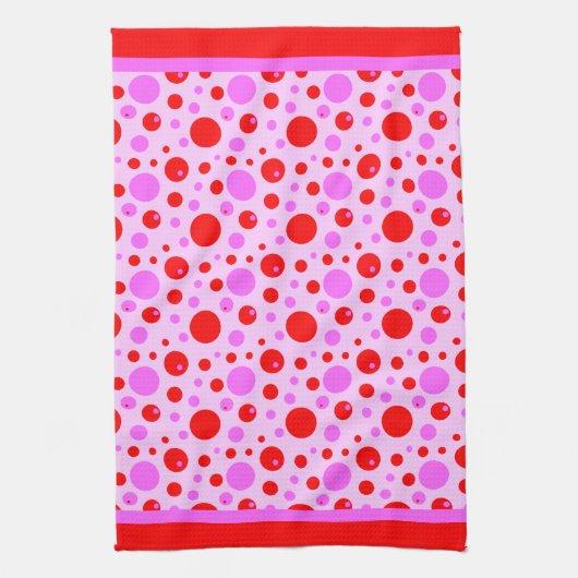 ピンクと赤のレトロの円とピンクの水玉模様 キッチンタオル (縦)