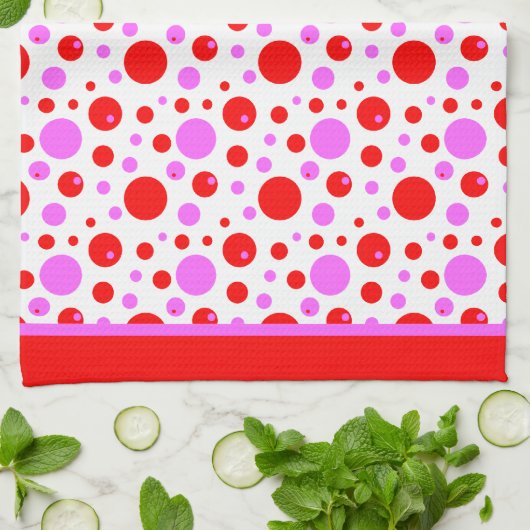 ピンクと赤のレトロの円と水玉模様 キッチンタオル (折り畳み)