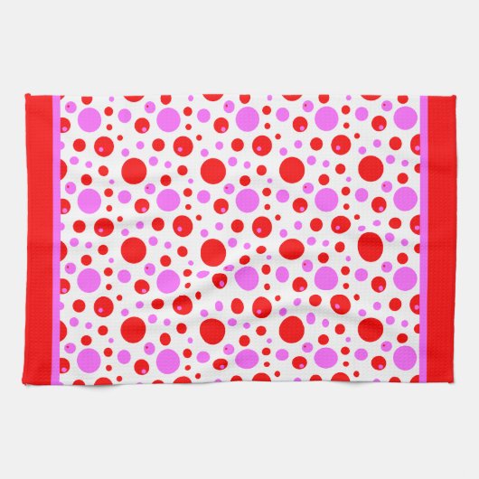 ピンクと赤のレトロの円と水玉模様 キッチンタオル (横)