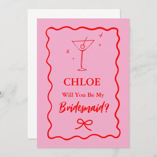 ピンクと赤のレトロの波状の花嫁の提案 招待状 (正面/裏面)