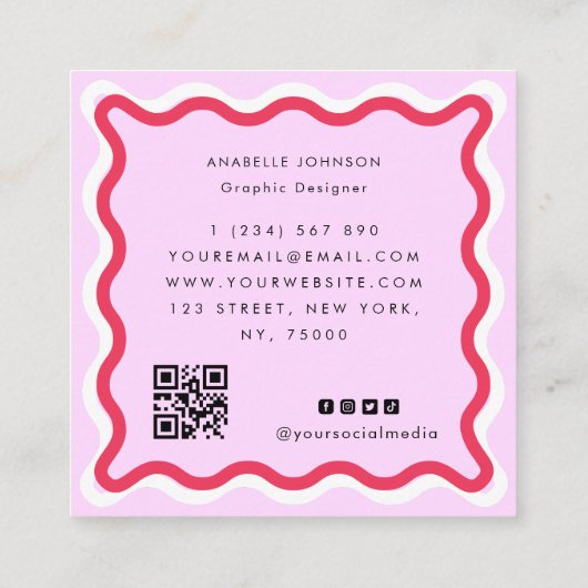 ピンクと赤のレトロの波状フレームモダンスクリプト名 スクエア名刺 (裏面)
