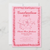 ピンクと赤のレトロハンドドロー卒業パーティー 招待状 (正面)