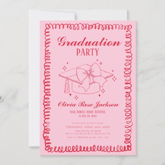 ピンクと赤のレトロハンドドロー卒業パーティー 招待状 (正面)