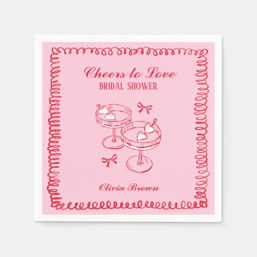 ピンクと赤のレトロ手描きブライダルシャワー スタンダードカクテルナプキン (正面)