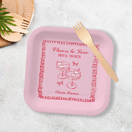 ピンクと赤のレトロ手描きブライダルシャワー ペーパープレート