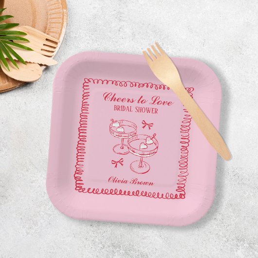 ピンクと赤のレトロ手描きブライダルシャワー ペーパープレート