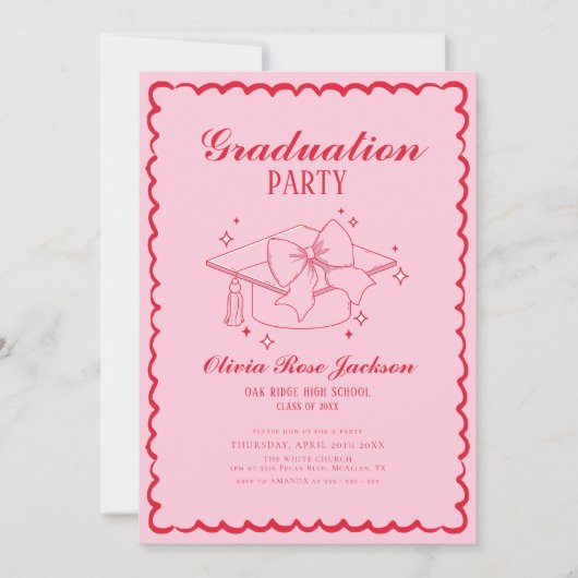 ピンクと赤のレトロ手描き写真卒業 招待状 (正面)