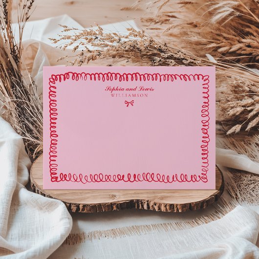 ピンクと赤のレトロ手書きカップル文房具 ノートカード