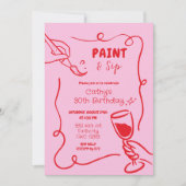 ピンクと赤のレトロ絵を描ヴィンテージとSIP誕生日 招待状 (正面)