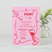 ピンクと赤のレトロ絵を描ヴィンテージとSIP誕生日 招待状 (スタンド正面)