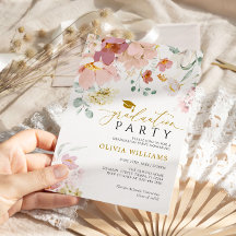 ピンクと赤のワイルドフラワー 卒業パーティー招待状