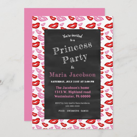 ピンクと赤の口紅プリント 招待状 (正面/裏面)
