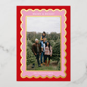 ピンクと赤の名門私立校風のホタテの写真フレーム 箔シーズンカード (正面)