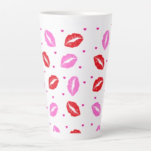 ピンクと赤の唇とハートセラミックラテマグカップ カフェラテマグ (正面)