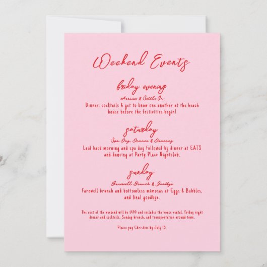 ピンクと赤の女の子の週末の旅程バチェロレッテ 招待状 (裏面)