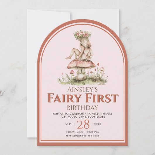 ピンクと赤の妖精の最初のアーチ1誕生日パーティー 招待状 (正面)