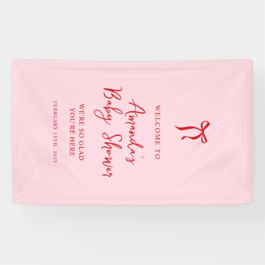 ピンクと赤の弓バレンタインの赤ちゃんシャワーへようこそ 横断幕 (横)