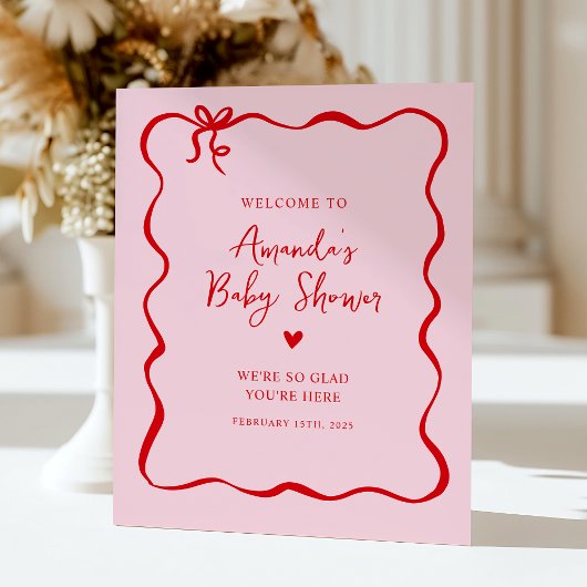 ピンクと赤の弓バレンタインベビシャワーウェルカムサイン 台座サイン