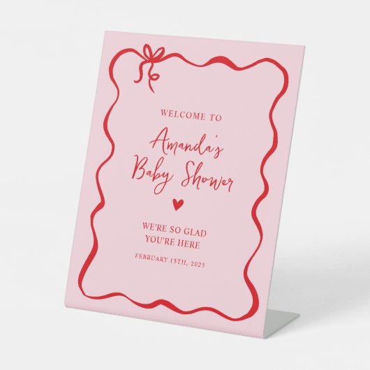 ピンクと赤の弓バレンタインベビシャワーウェルカムサイン 台座サイン (正面)
