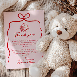 ピンクと赤の手を引いたドードルボーガールベビーシャワー サンキューカード