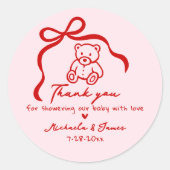 ピンクと赤の手を引いたドードルボーガールベビーシャワー ラウンドシール (正面)