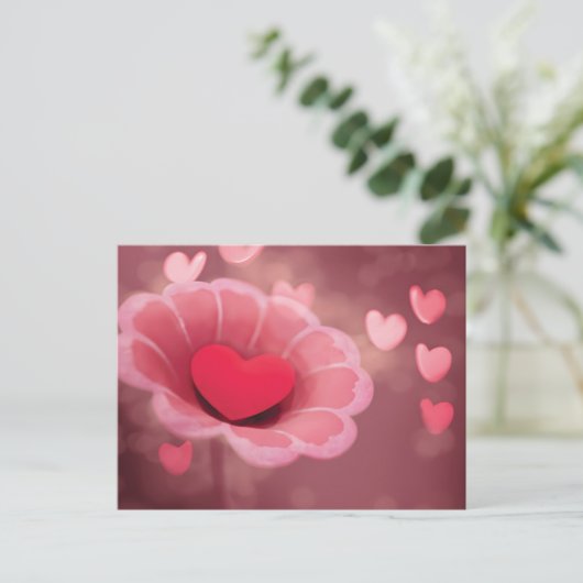 ピンクと赤の手作り紙ハート花 ポストカード (スタンド正面)